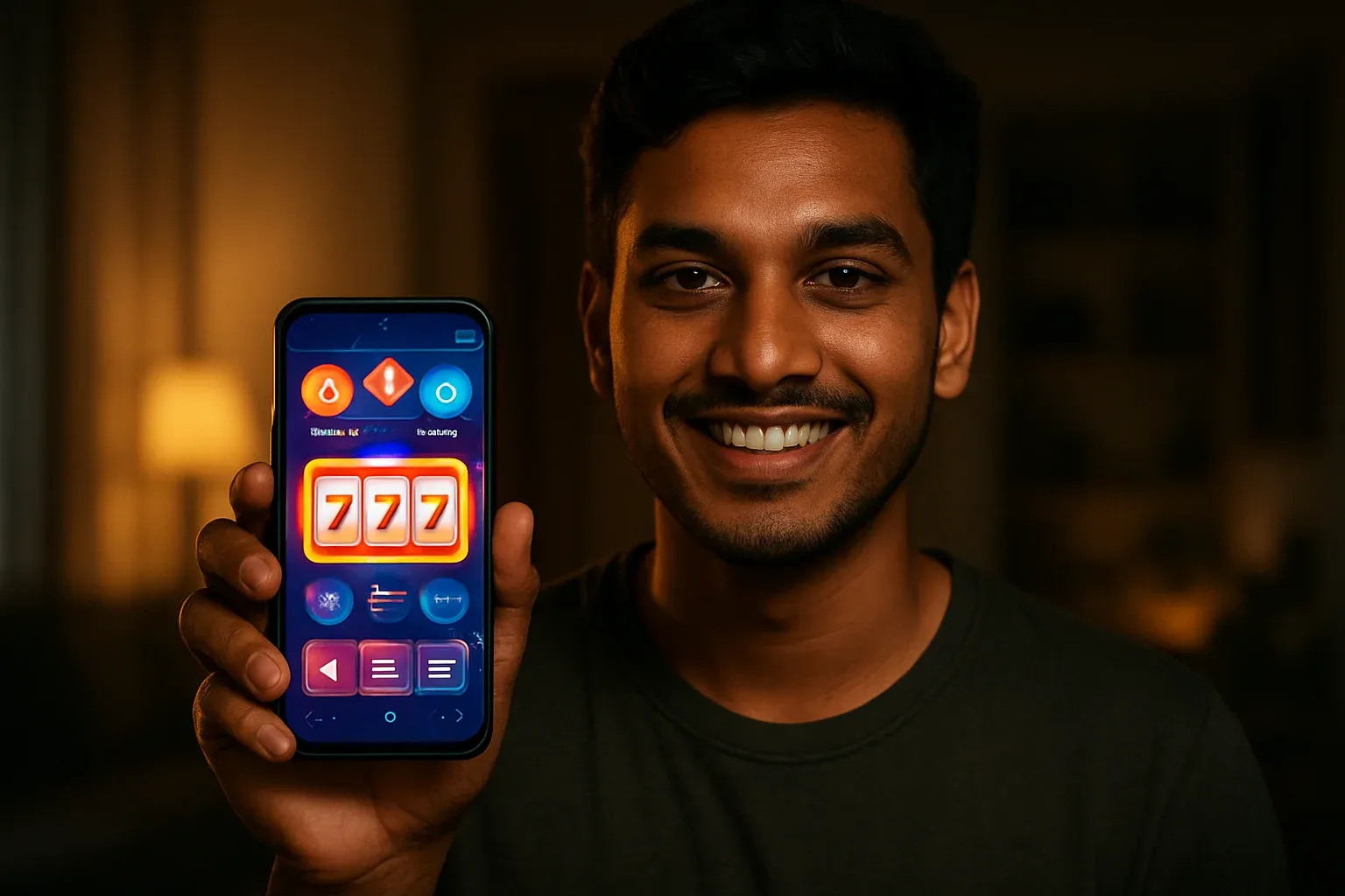 Young Bangladeshi man holding smartphone showing colorful mobile casino app