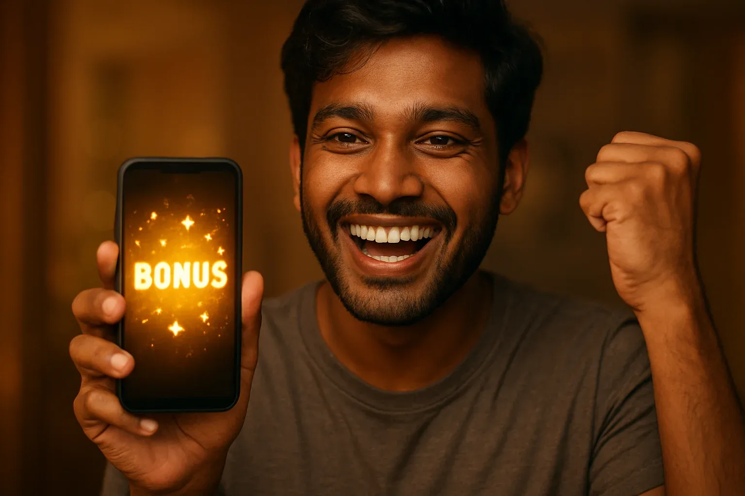Joyful Bangladeshi man holding smartphone with glowing bonus notification screen