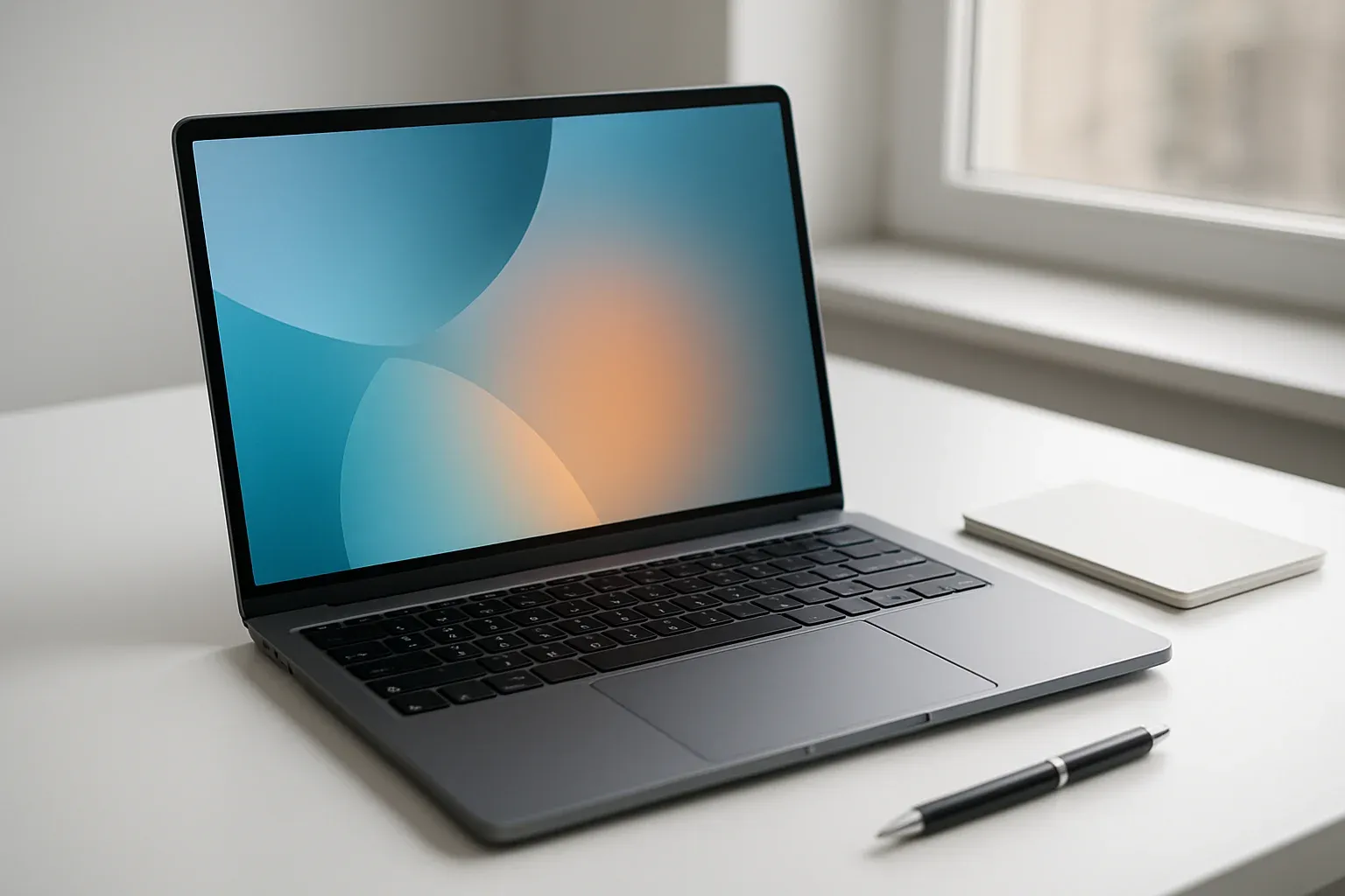 Modern laptop on white desk with pen and notepad