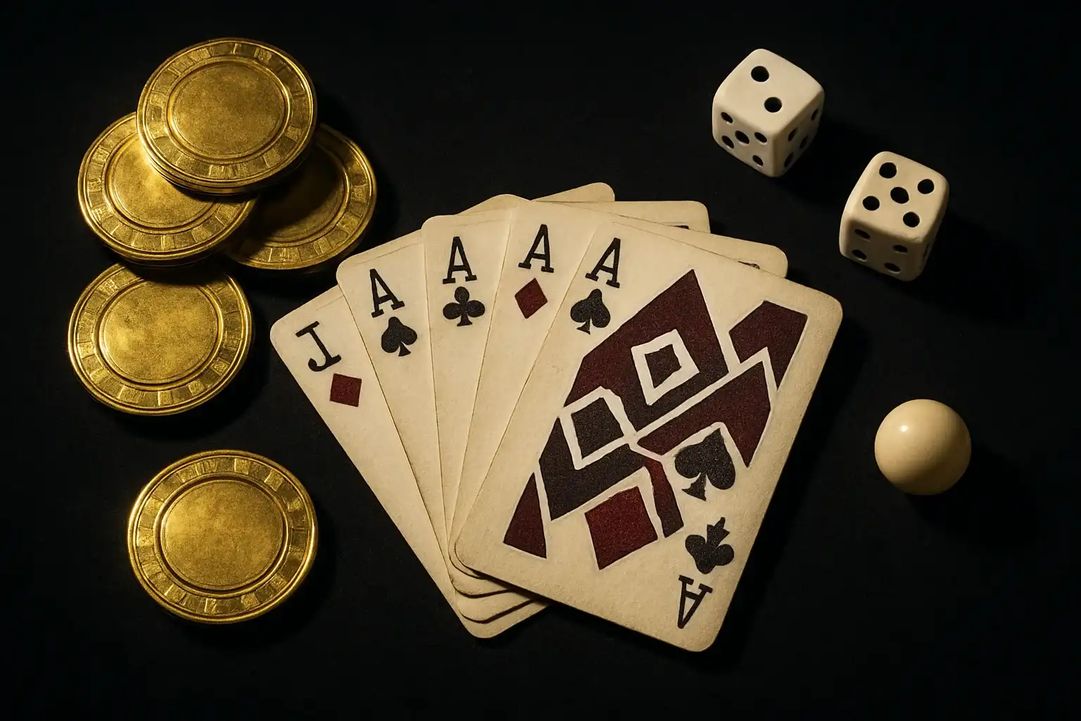 Top-down casino scene with chips, cards, dice, and roulette ball
