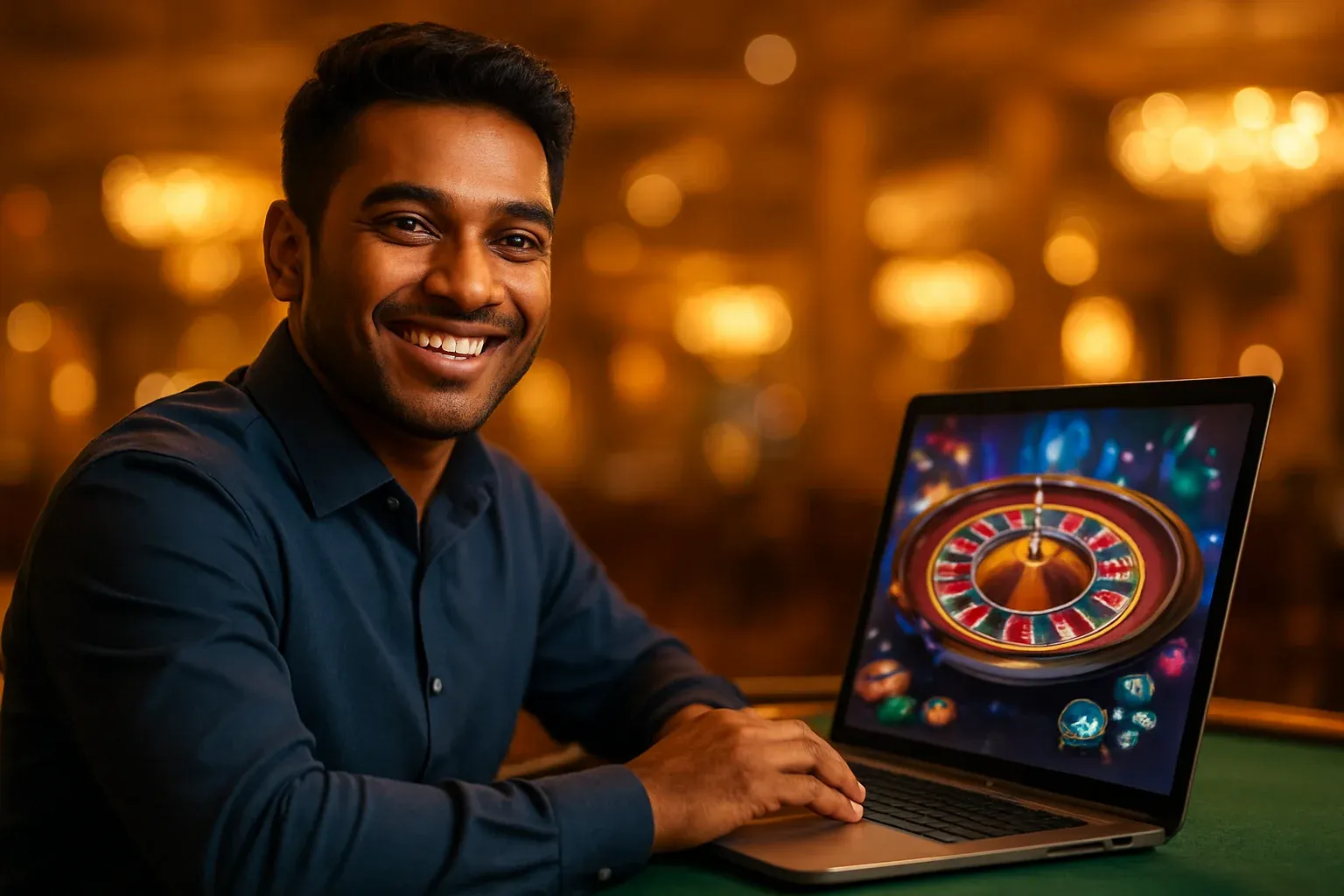 Cheerful Bangladeshi man with open laptop at premium casino lounge