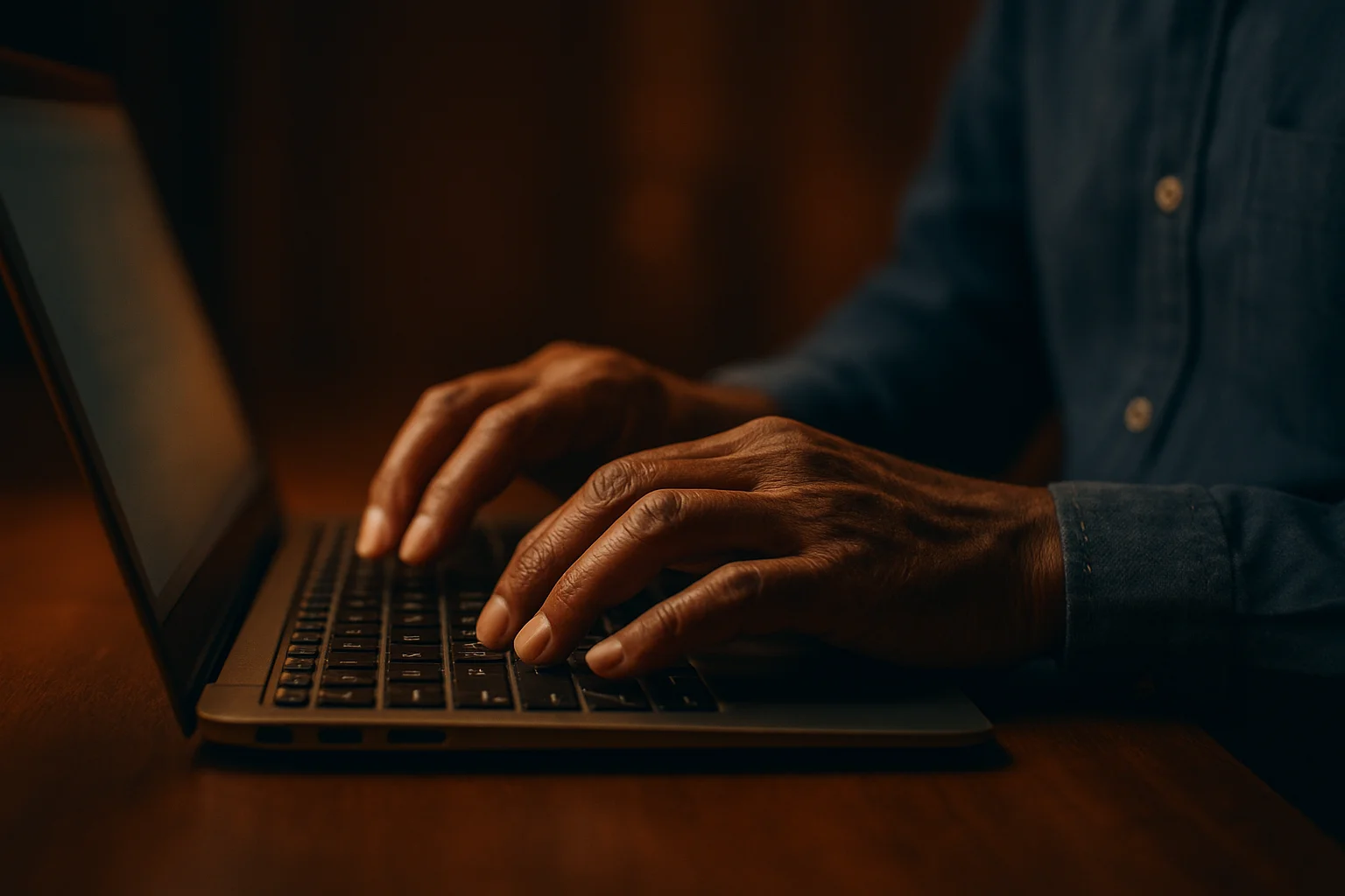 Bangladeshi man's hands typing on modern laptop in dramatic lighting