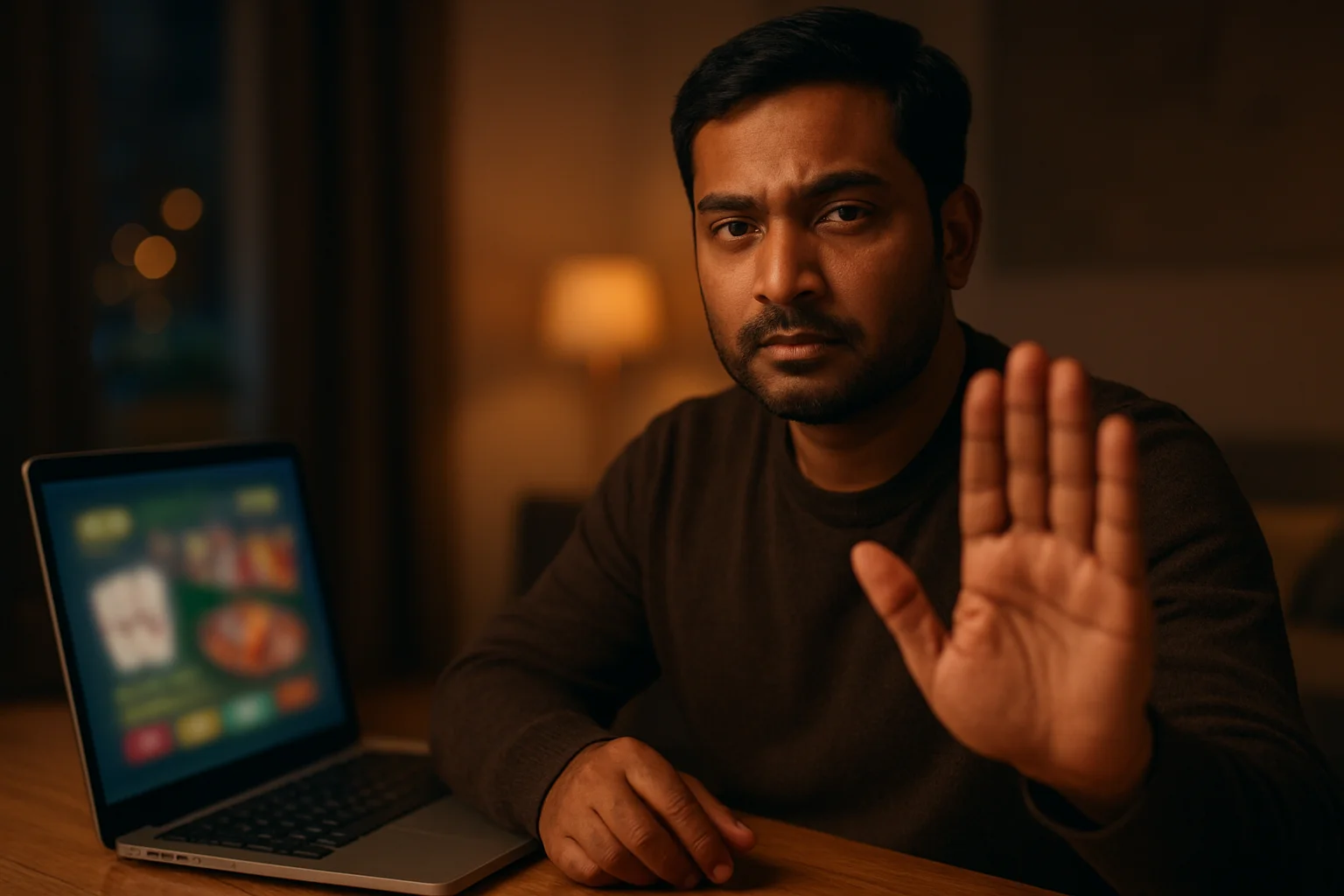 Bangladeshi man making stop gesture beside blurred online casino laptop
