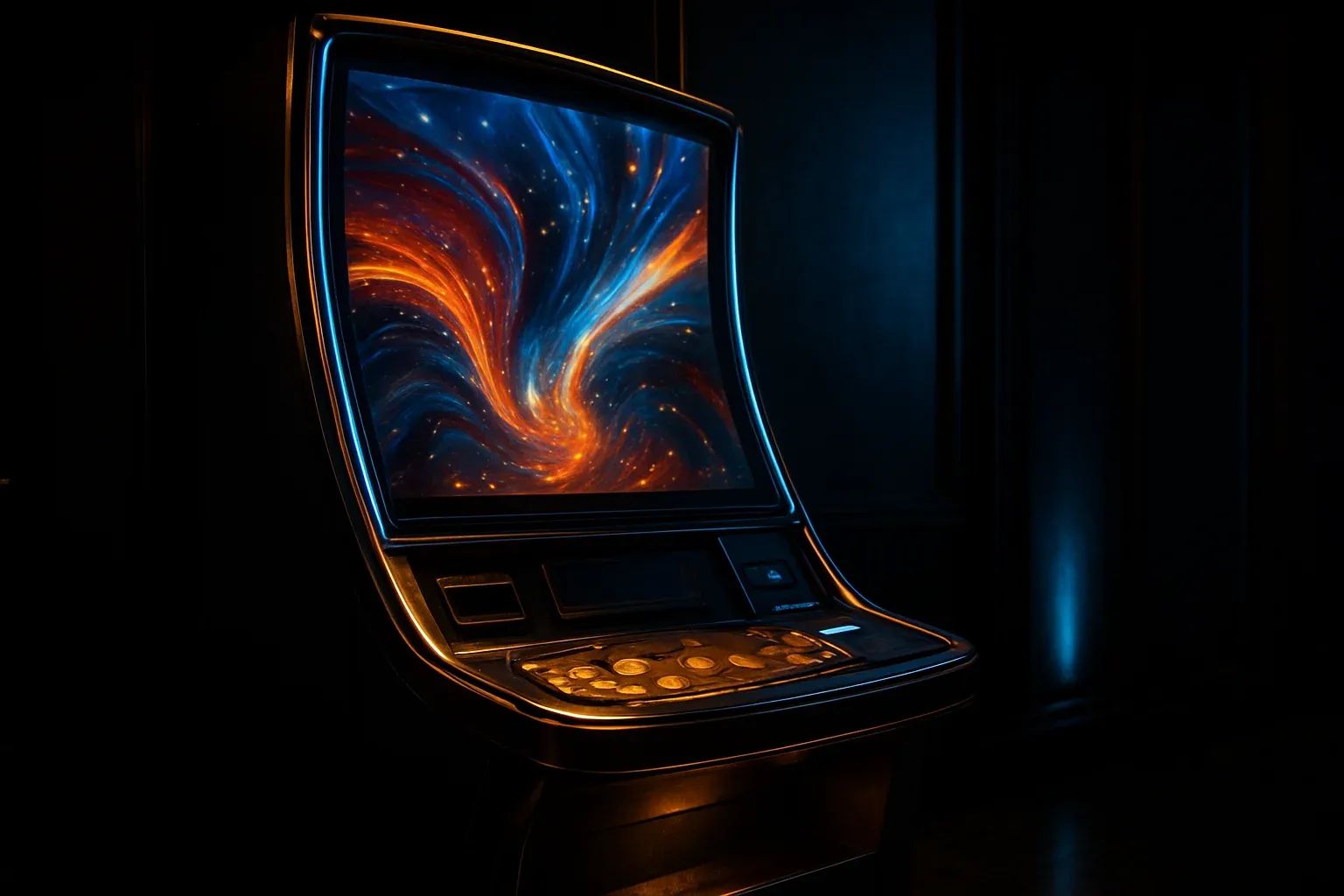 Hyperrealistic premium slot machine in dark luxury setting with neon lighting